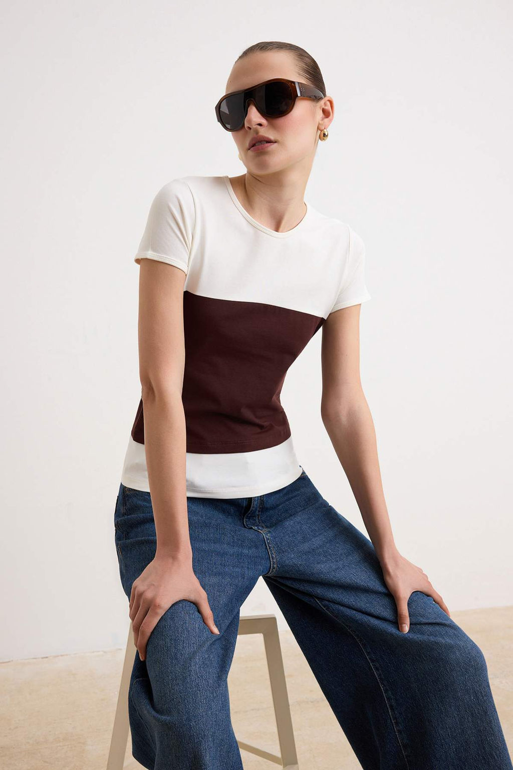 Cok renkli Fitted/Vucuda Oturan K?sa Kollu Orme Pamuklu Esnek Orme T-shirt TWOSS26TS00298