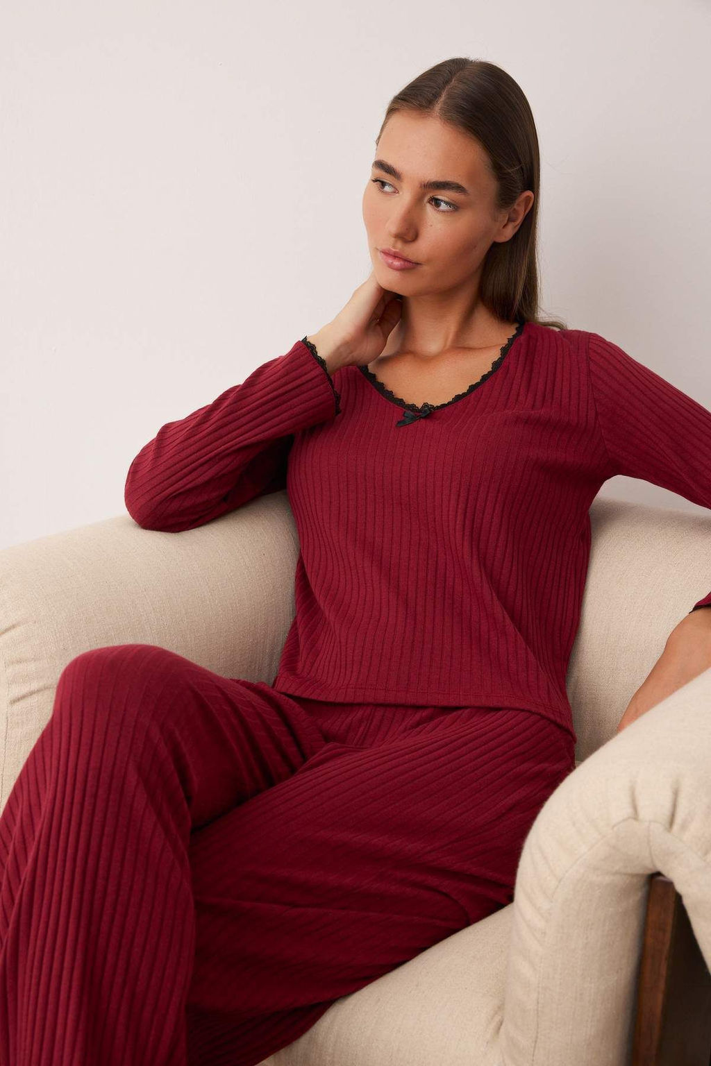 Trendyolmilla Bebe Mavisi Dantelli ve Kurdele/Fiyonk Detayl? Fitilli Orme Pijama Tak?m? THMAW25PT00044  фото 6