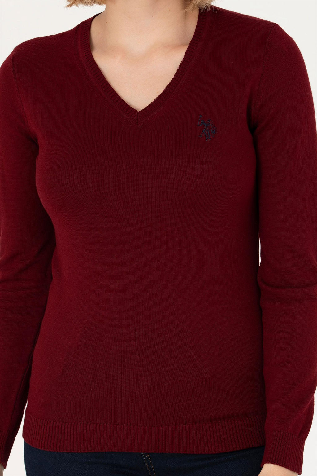 U. S. Polo Assn Женский бордовый базовый свитер с v-образным вырезом - U.s. polo assn фото 5