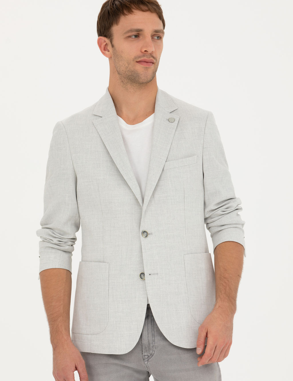 A__k Gri Ex. Slim Fit Keten Kar___ml_ Ceket