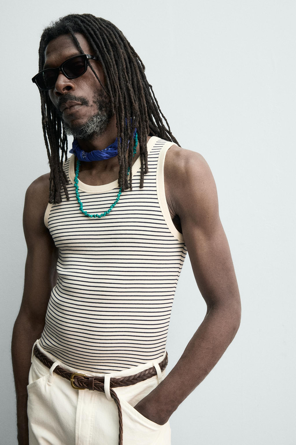 CAMISETA TANK JACQUARD RAYAS X AARON LEVINE / Crudo / Azul