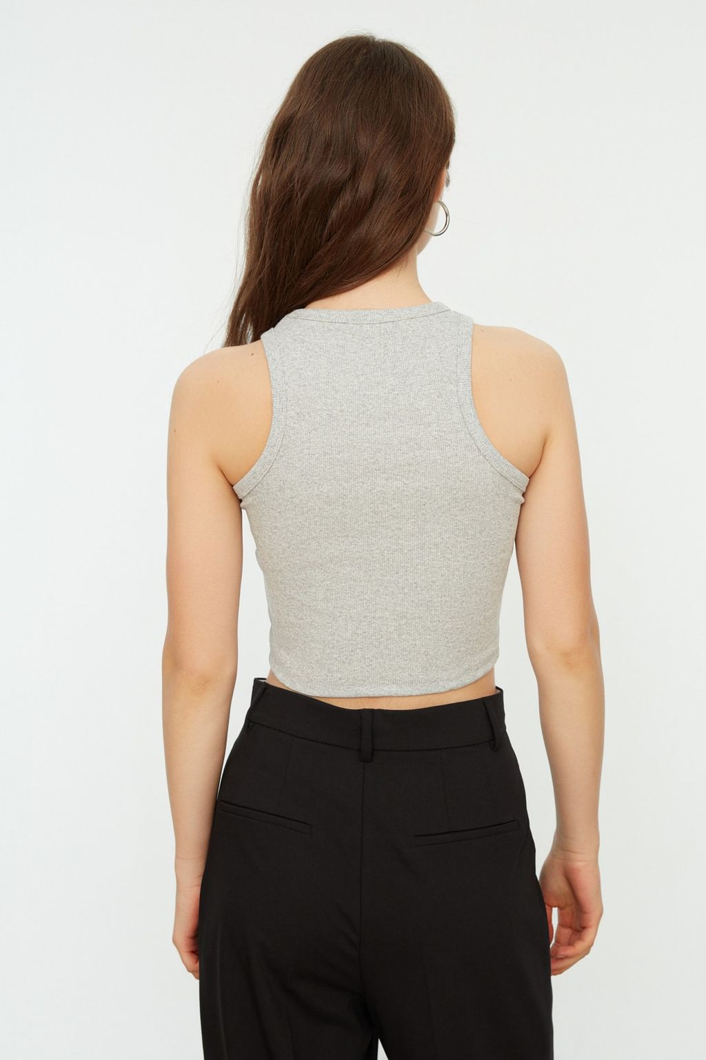 Gri Fitted/Vucuda Oturan Crop Halter Yaka Fitilli Esnek Orme Atlet TWOSS21AL0050