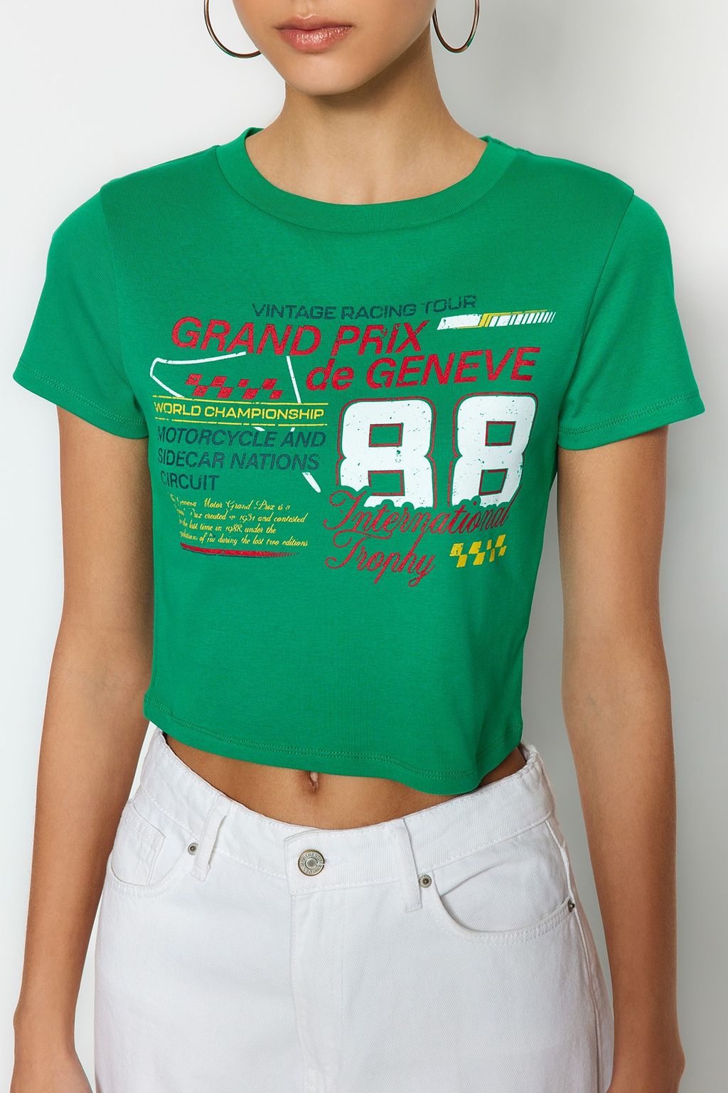 TRENDYOLMILLA Antrasit %100 Pamuk Slogan Bask?l? Fitted/Vucuda Oturan Crop Orme T-Shirt TWOSS23TS00319  фото 11