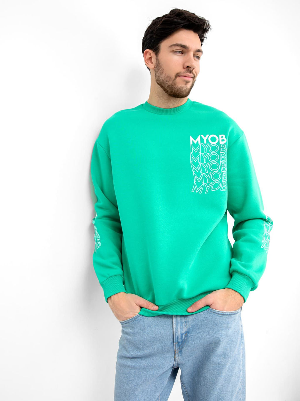 Теплый прямой джемпер бирюзового цвета с текстовым принтом бирюза +печать 121801