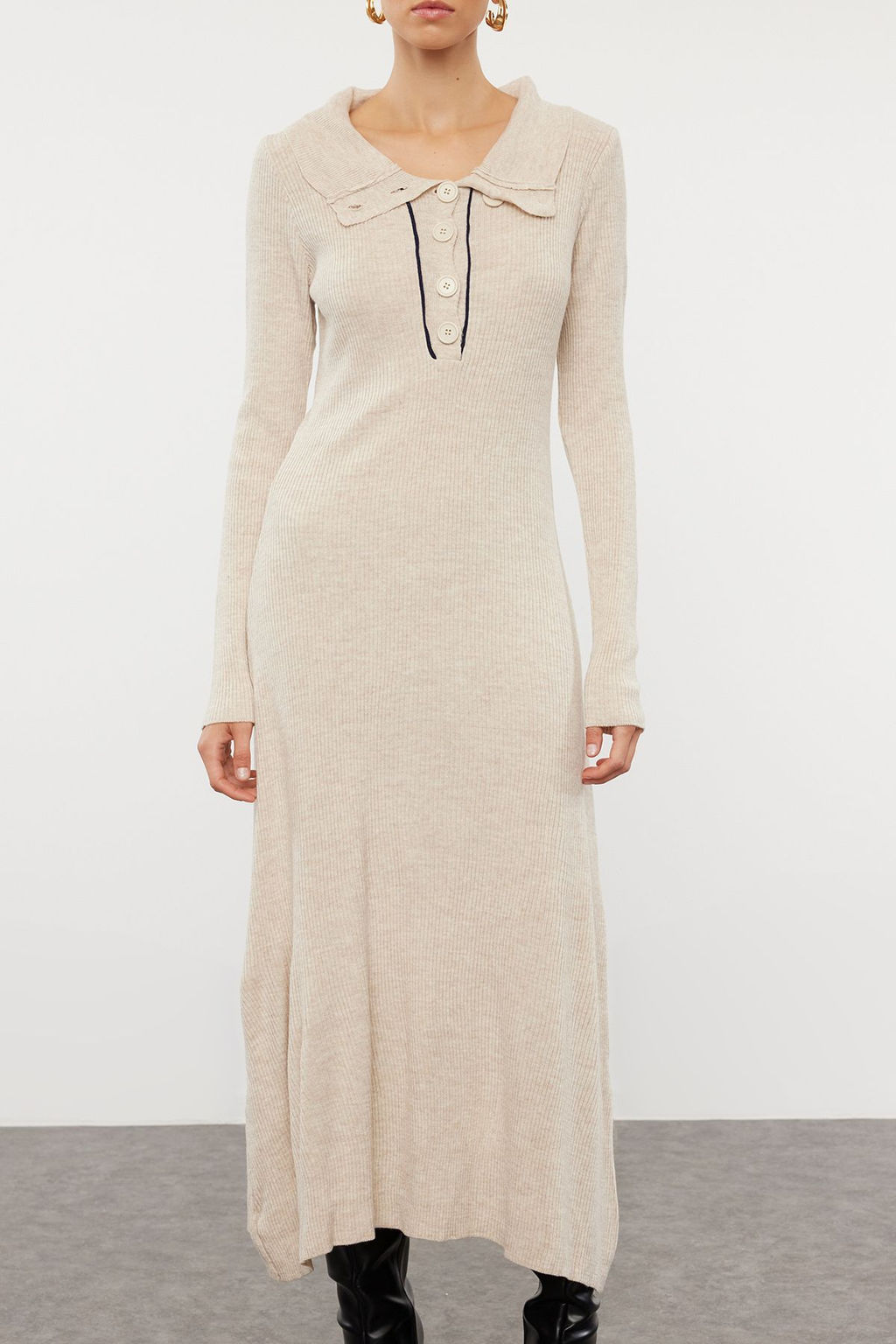 Tas Midi Triko Cizgili Biye Detayl? Elbise TWOAW25EL00007