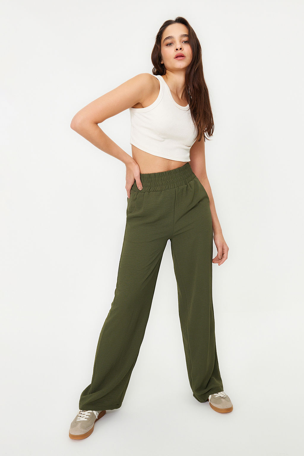 Haki Wide Leg/Genis Paca Beli Lastikli Dokuma Pantolon TWOSS22PL00024