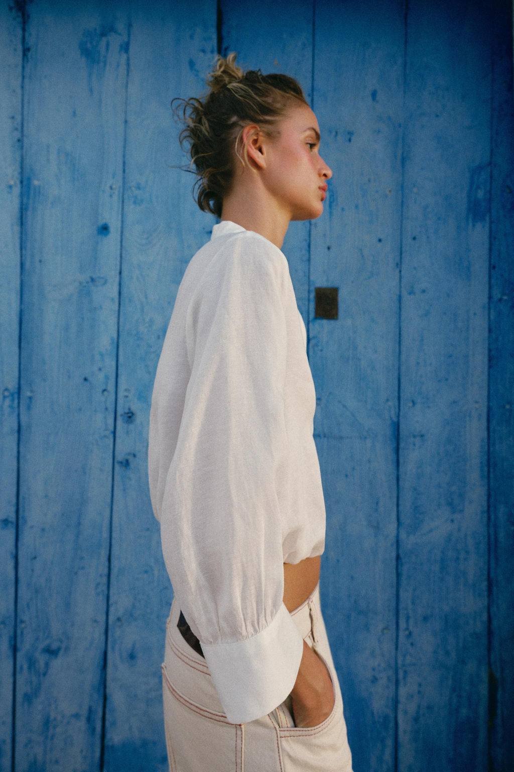 CAMISA GLOBO ALAMARES CON LINO / Blanco