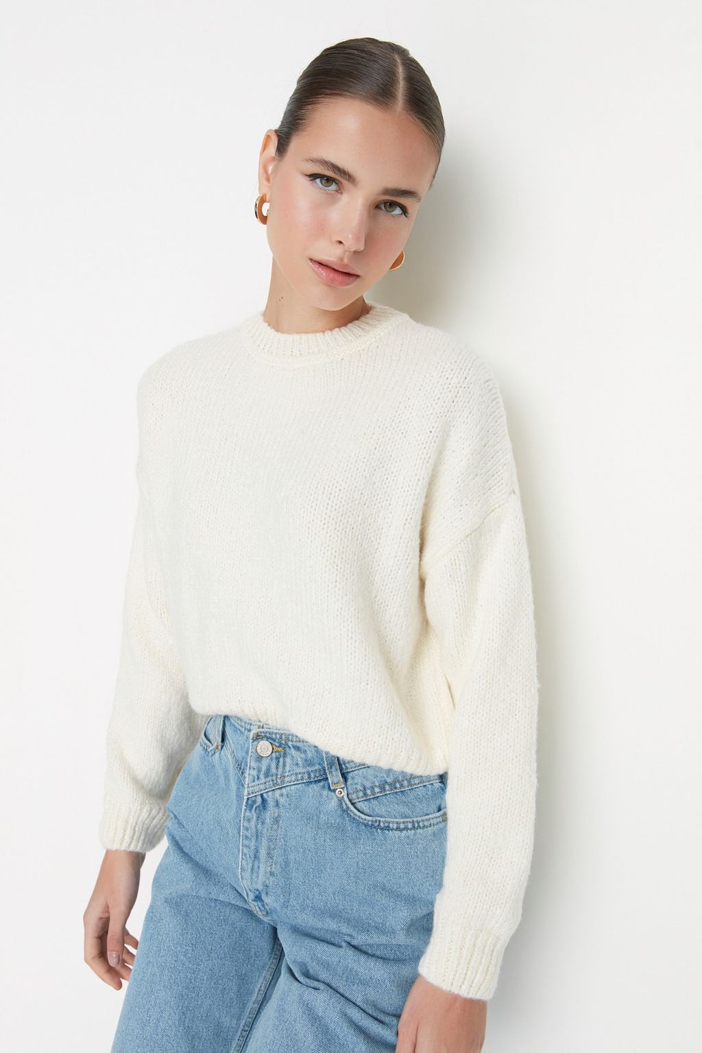 Ekru Genis Kal?p Yumusak Dokulu Basic Triko Kazak TWOAW23KZ00185 - Trendyolmilla фото 6