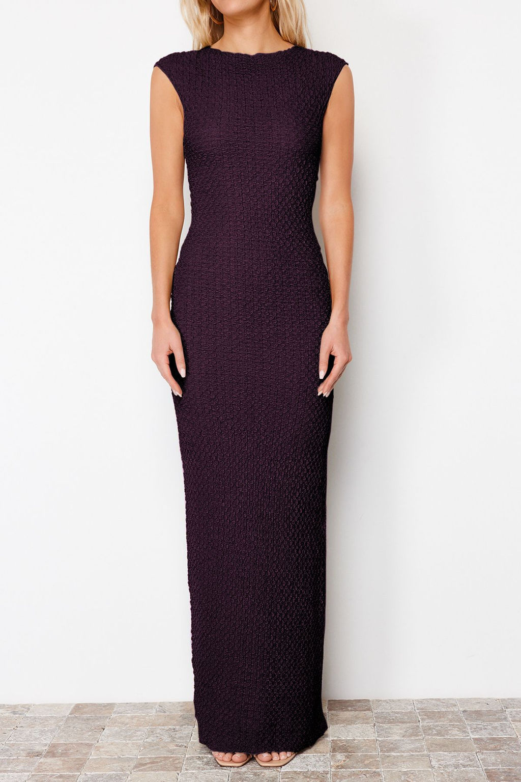 Murdum Dokulu Kumas Fitted/Vucuda Oturan Ay Kol Esnek Orme Midi Kalem Elbise TWOSS24EL00103