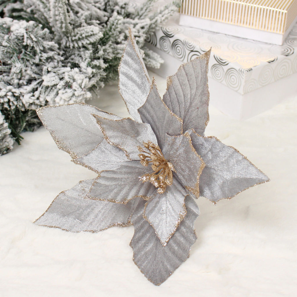 Цена за 2шт. Украшение новогоднее "Пуансеттия - Фурия" 26 см, Серебро