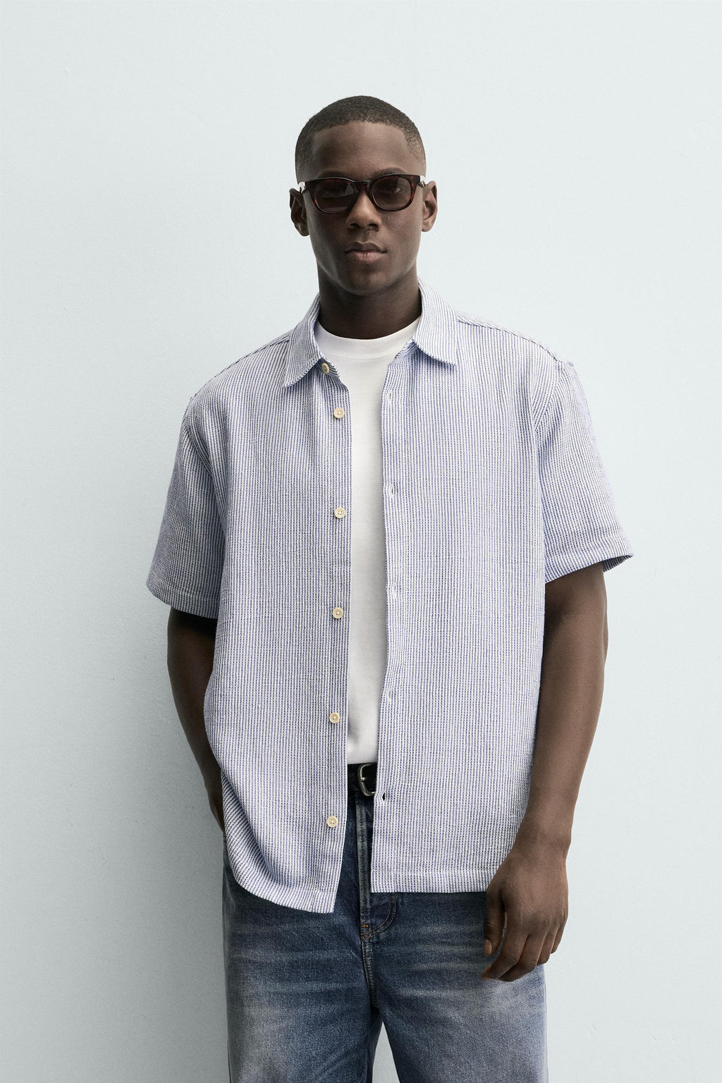 Рубашка Zara CAMISA ESTRUCTURA CONFORT темно-синяя
