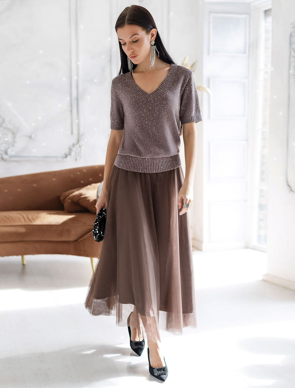 Джемпер с V вырезом и коротким рукавом из хлопковой пряжи с пайетками - Vilatte фото 5