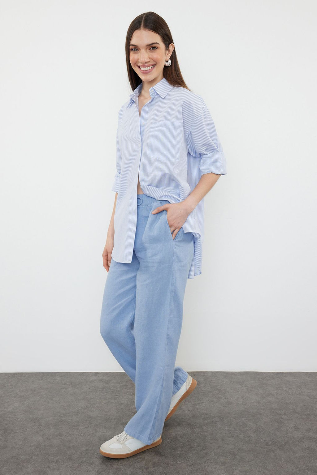 Lacivert %100 Keten Beli Lastikli Yuksek Bel Wide Leg Pantolon TWOSS24JE00249 - Trendyolmilla фото 26