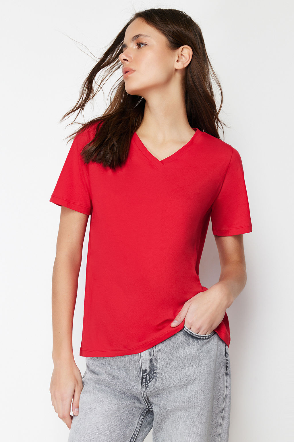 Siyah-K?rm?z? %100 Pamuk 2li Paket Basic V Yaka Orme T-Shirt TWOSS23TS00002