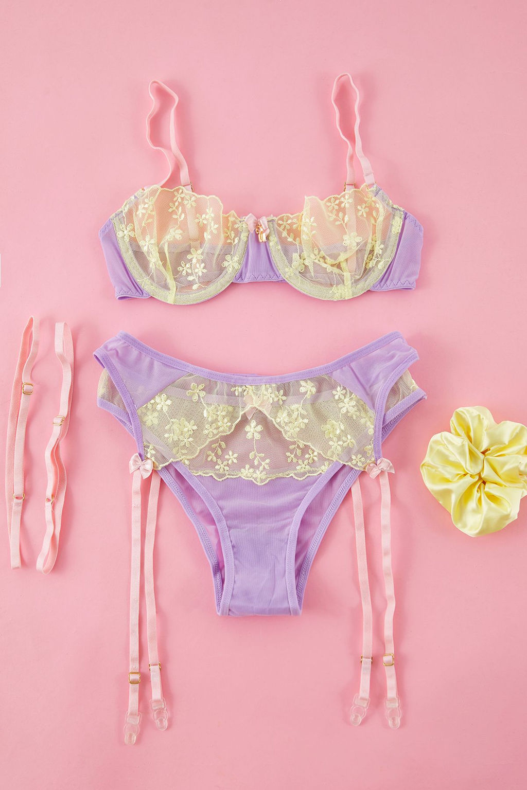 Trendyolmilla Lila-Sar? Tul Jartiyer, Toka, Bacak Bant Detayl? Kaps?z Orme Ic Camas?r? Tak?m? THMSS25CC00034  фото 12