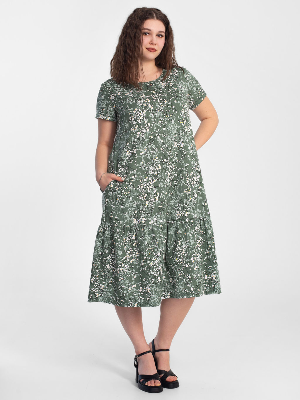 Платье женское кулирка "АГНИЯ" РОМАШКА ЗЕЛЕНЫЙ