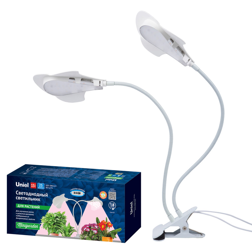 ULT-P35M-15W/SPLE/TM IP40 WHITE LEAF Светильник для растений светодиодный с таймером, на прищепке. Спектр для фотосинтеза. TM Uniel