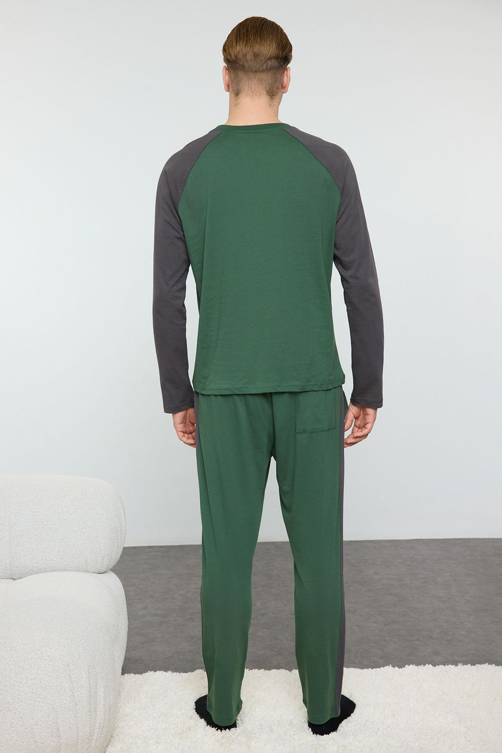 Erkek Yesil Reglan Kol Regular Fit Orme %100 Pamuk Pijama Tak?m? TMNAW25PT00004