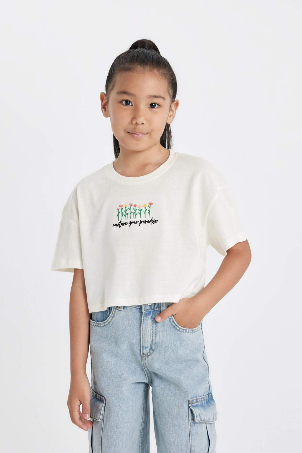 K?z Cocuk Crop Bisiklet Yaka Cicekli K?sa Kollu Tisort - Defacto фото 2