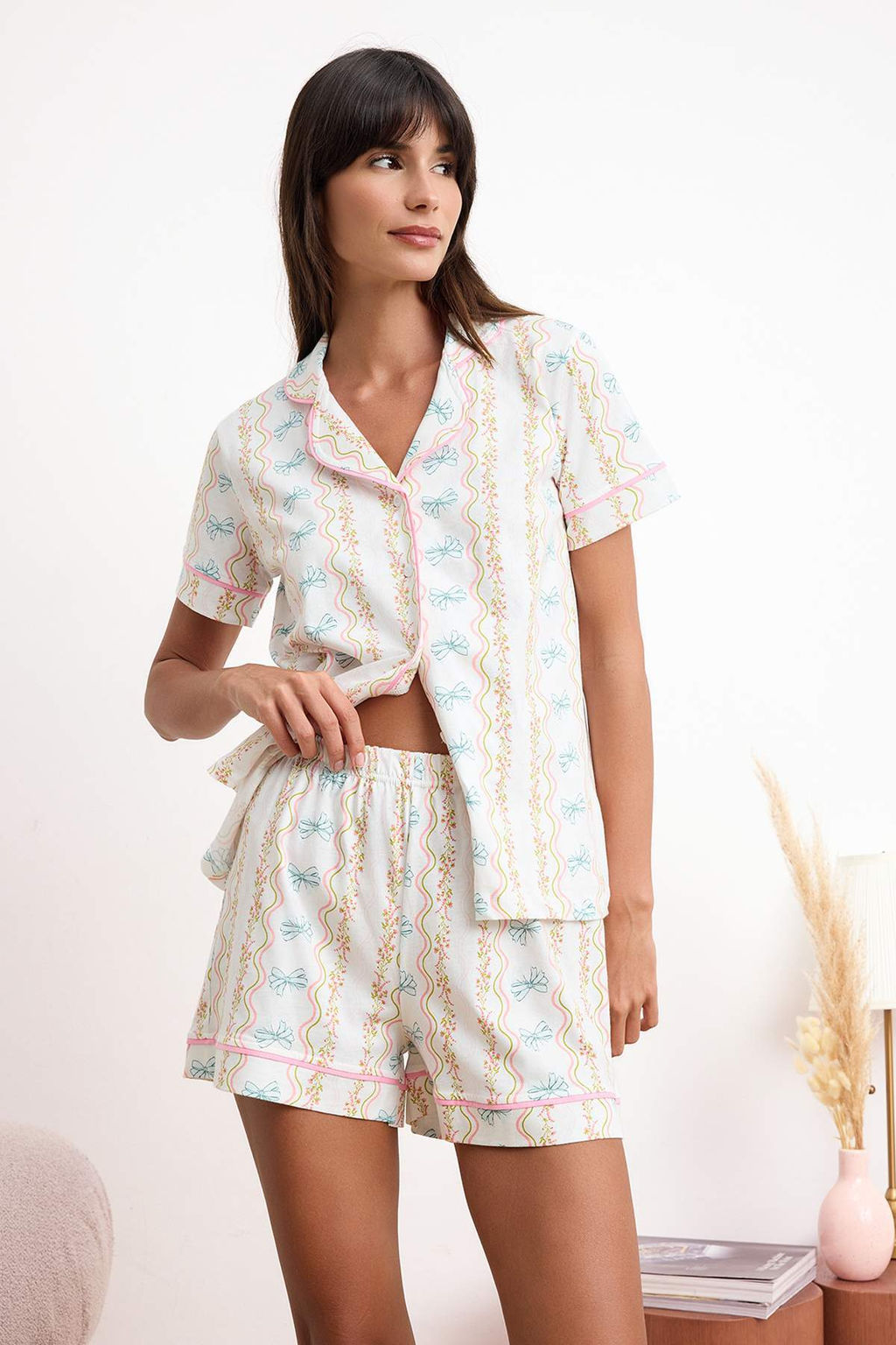 Cok Renkli %100 Pamuklu Cicek ve Kurdele Desenli Biyeli Orme Pijama Tak?m? THMSS26PT00118