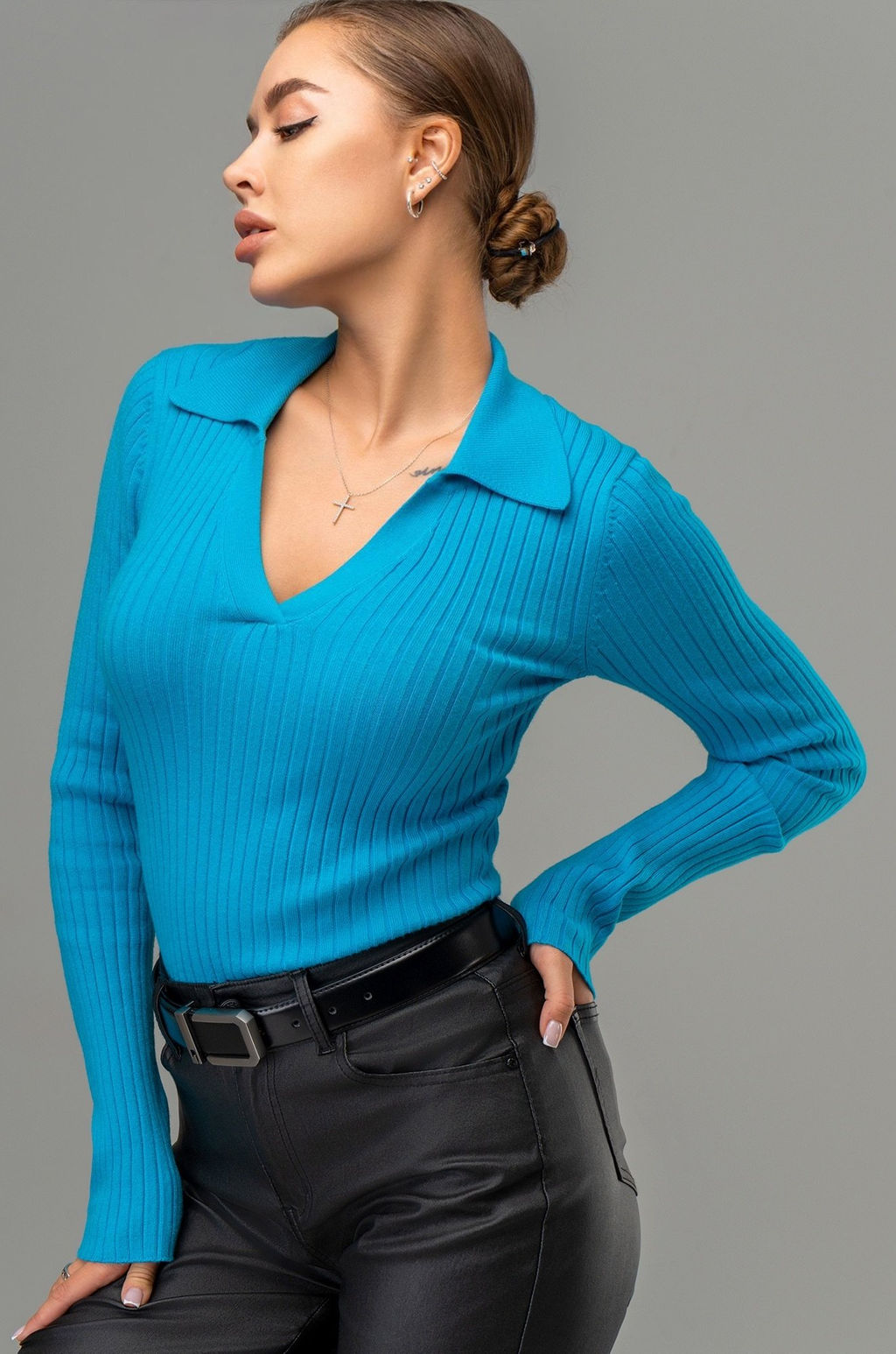 Женский джемпер лапша с воротником поло Happyfox