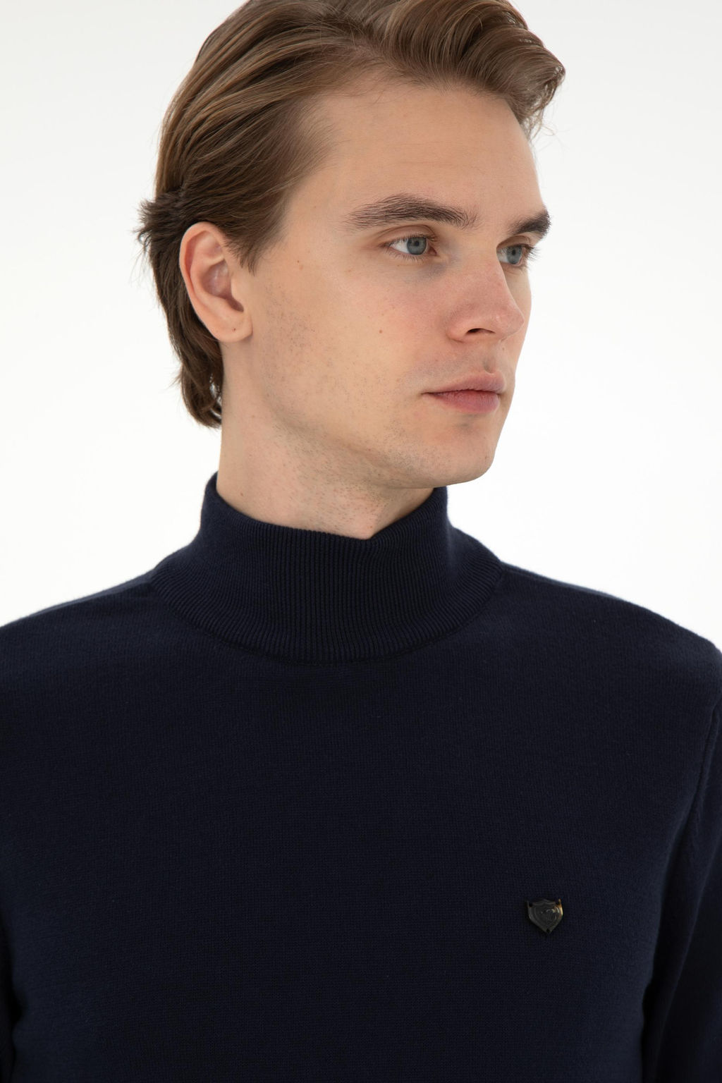 Erkek Slim Fit Yar_m Bal_k__ Yaka Lacivert Basic Kazak