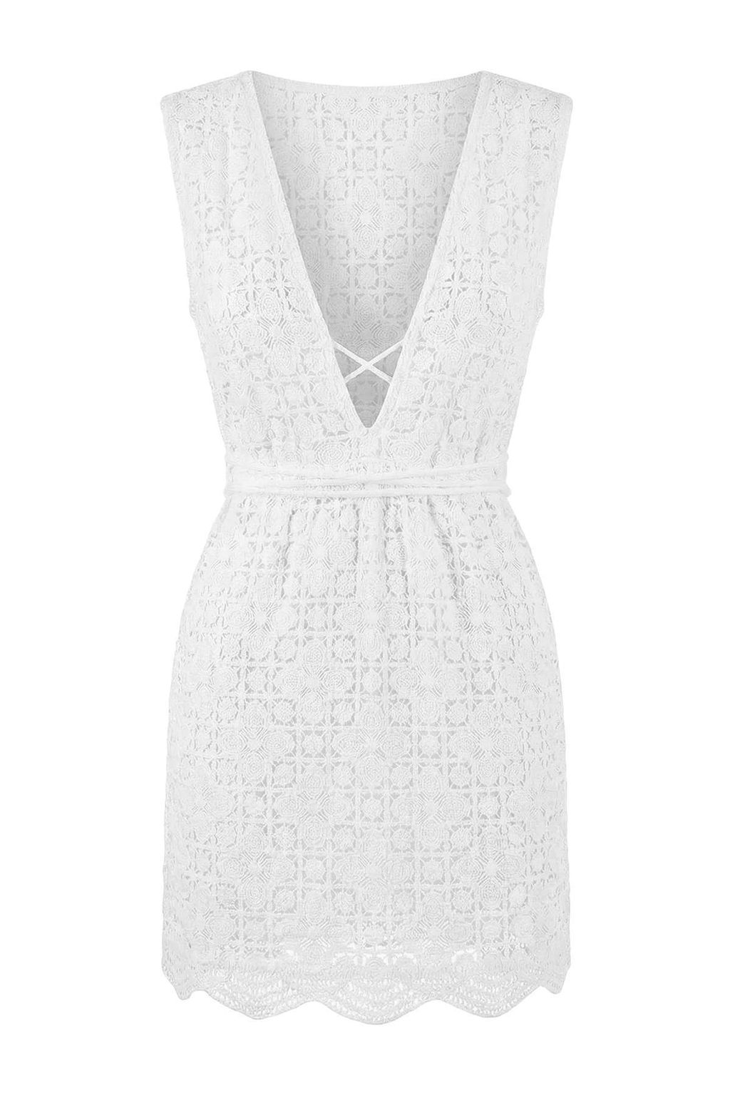 Beyaz Premium Triko Ajurlu Super Mini Derin V Yaka Plaj Elbisesi TBESS26EL00007 - Trendyolmilla фото 3