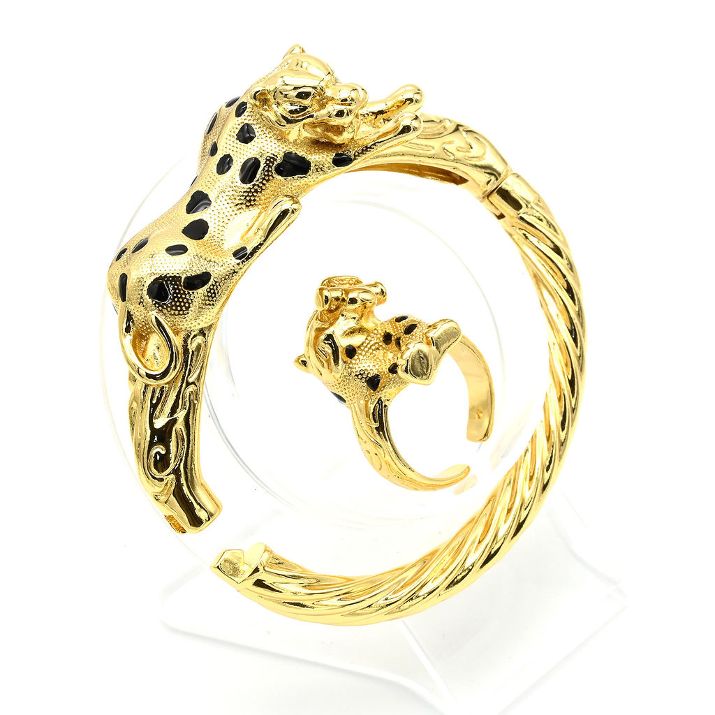 Широкий браслет и кольцо Леопард цв.золотой, 15см