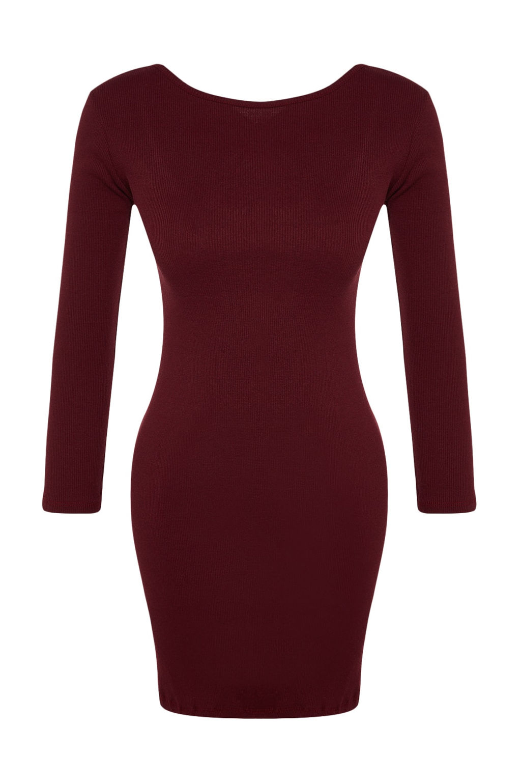 TRENDYOLMILLA Bordo Fitilli S?rt Detayl? Bisiklet Yaka Fitted/Vucuda Oturan Mini Esnek Orme Elbise TWOAW24EL00390  фото 6