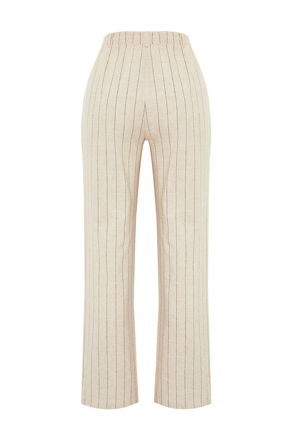 Bej Cizgili Beli Lastikli Cepli Straight/Duz Kesim Pamuk Keten Dokuma Pantolon TWOSS24PL00055