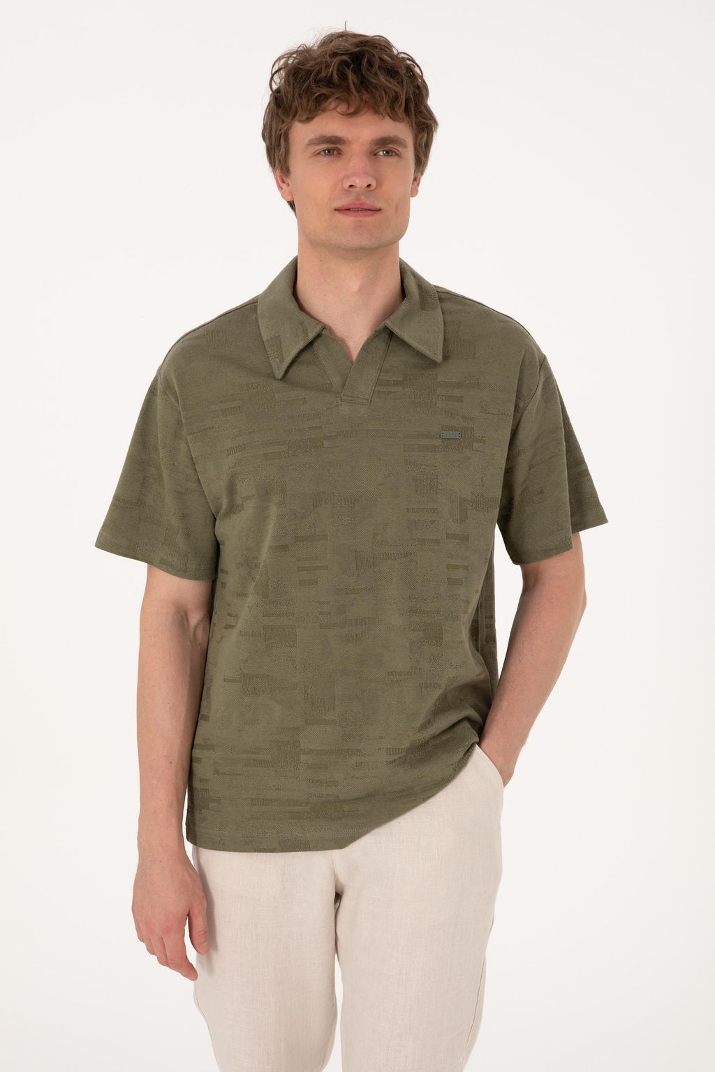 Erkek Comfort Fit Ka__k Yaka Koyu Haki Ti__rt Sepette S_rpriz _ndirim