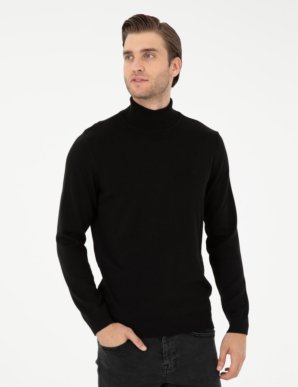 Siyah Slim Fit Bal_k__ Yaka Basic Triko Kazak