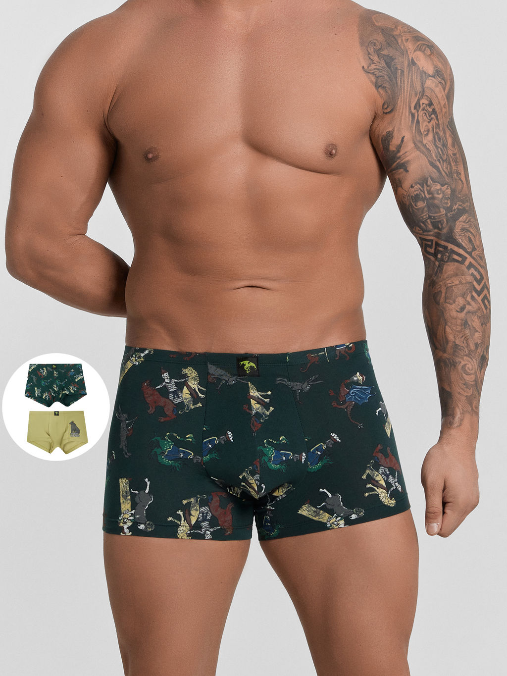 Трусы боксеры мужские с принтом в наборе, 2 шт кедр +средневековые сюжеты на т.зеленом 411216-2