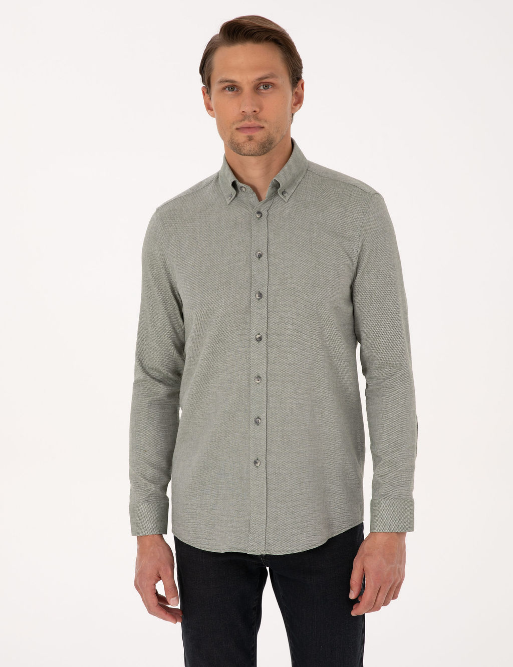 Ye_il Slim Fit Dokulu Uzun Kollu G_mlek