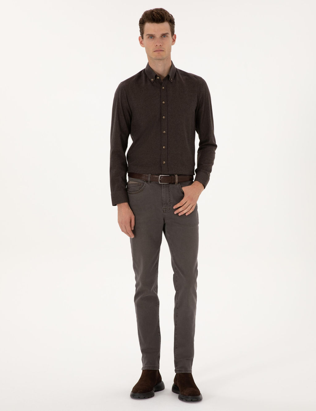 Kahverengi Flanel Dokulu Slim Fit Uzun Kollu G_mlek - Pierre cardin фото 4