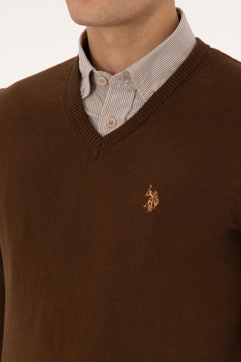 Erkek Slim Fit V Yaka Kahverengi Basic Triko Kazak - U.s. polo assn фото 7