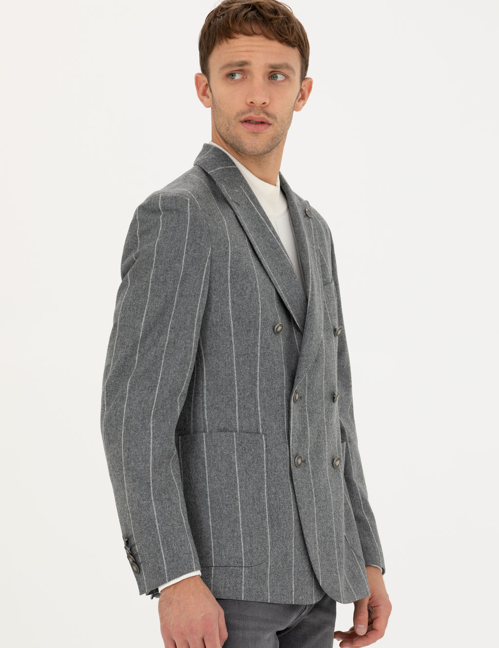 Gri Ex.Slim Fit %100 Y_n _izgili Kruvaze Ceket