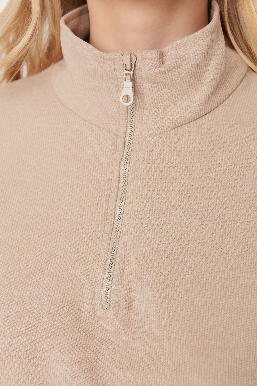 Bej Selanik/Triko Gorunumlu Fermuarl? Yaka Regular/Normal Kal?p Orme Sweatshirt TWOAW22SW0732