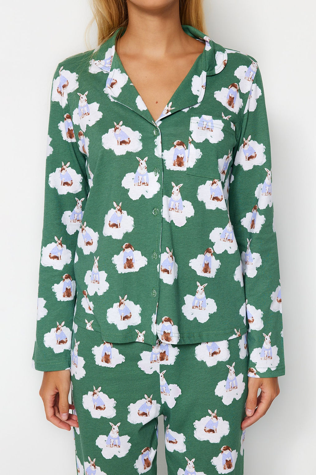 Trendyolmilla Ekru %100 Pamuklu Ay?c?kl? Gomlek-Pantolon Orme Pijama Tak?m? THMAW24PT00002  фото 20