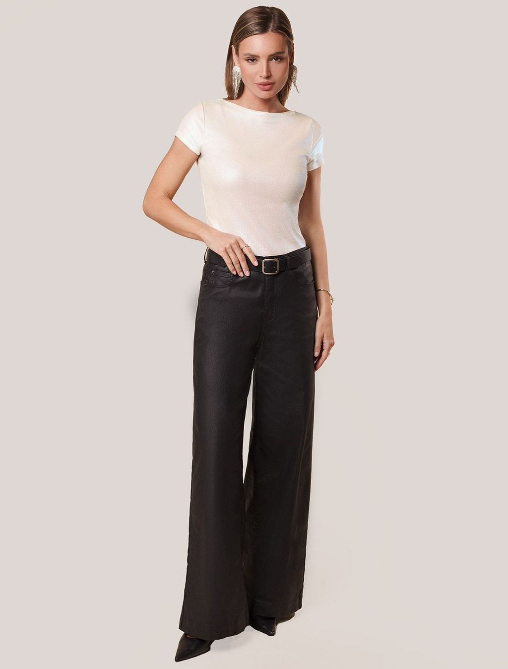 Футболка облегающая из хлопка в рубчик с вырезом лодочка с матовым покрытием металлик - Vilatte фото 4