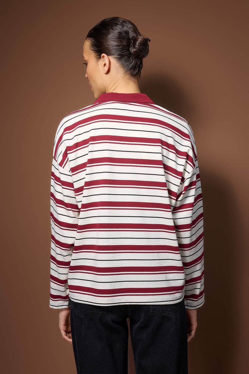 Bordo Cizgili Polo Yaka Oversize/Genis Kal?p Orme Sweatshirt TWOAW26SW00051