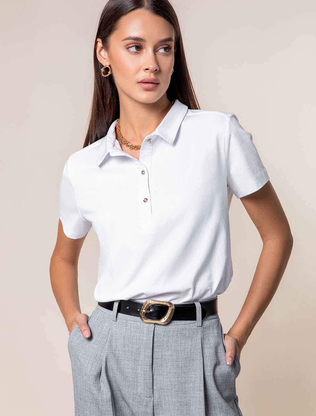 VILATTE / Футболка-поло с золотистыми пуговицами из премиального хлопка