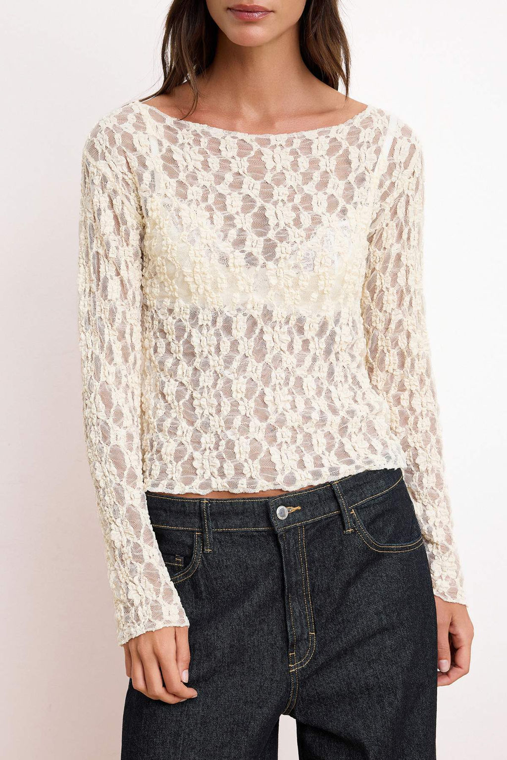 Ekru Fitted/Vucuda Oturan Kay?k Yaka Uzun Kollu Dantel Orme Bluz TWOSS26BZ00638