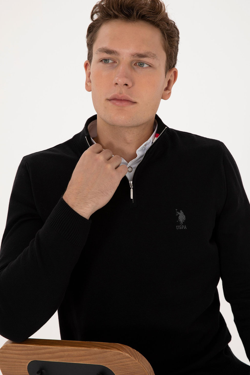 Erkek Slim Fit Yar_m Fermuarl_ Siyah Kazak