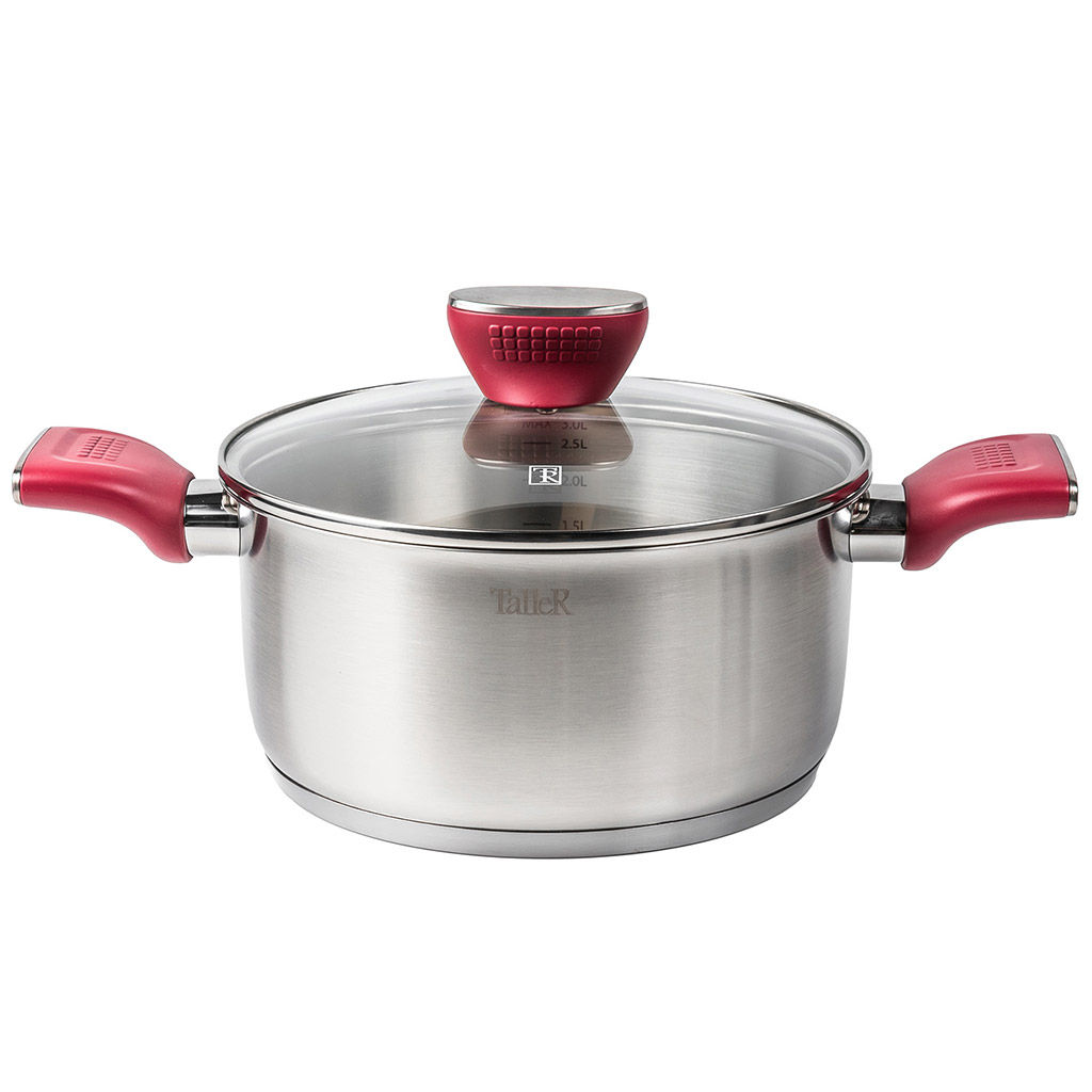 Кастрюля из нержавеющей стали Грейси 5,3л, д24см, h14см, s0,5мм, дно s4мм, стеклянная жаропрочная крышка, стальной обод, пароотвод, капсулированное дно, полировка внешняя - матовая, внутренняя - матовая, мерная шкала, бакелитовые ненагревающиеся ру