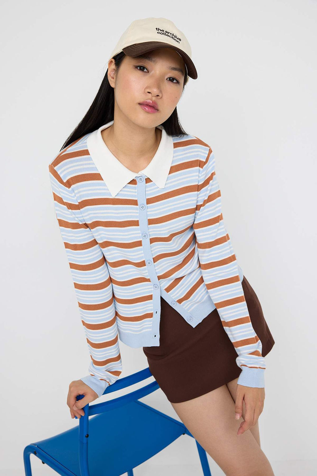Kahverengi Crop Premium/Ozel Iplikli Renk Bloklu Fitted/Vucudu Saran Triko H?rka TWOAW26HI00020