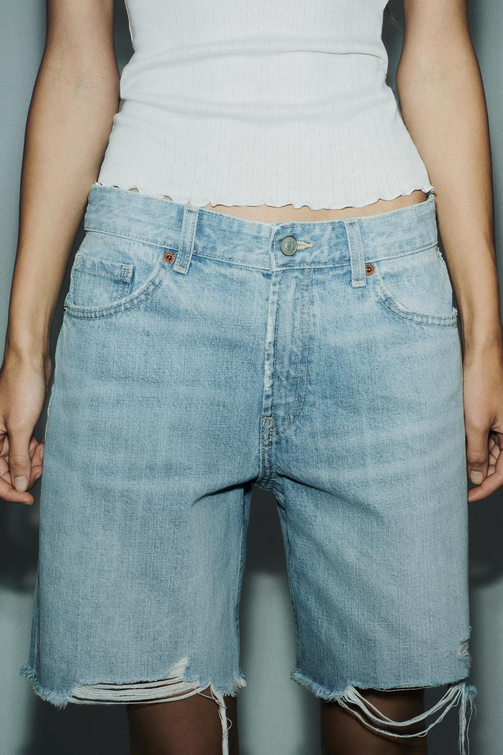 RIPPED MID-WAIST TRF DENIM BERMUDA SHORTS - Zara фото 3