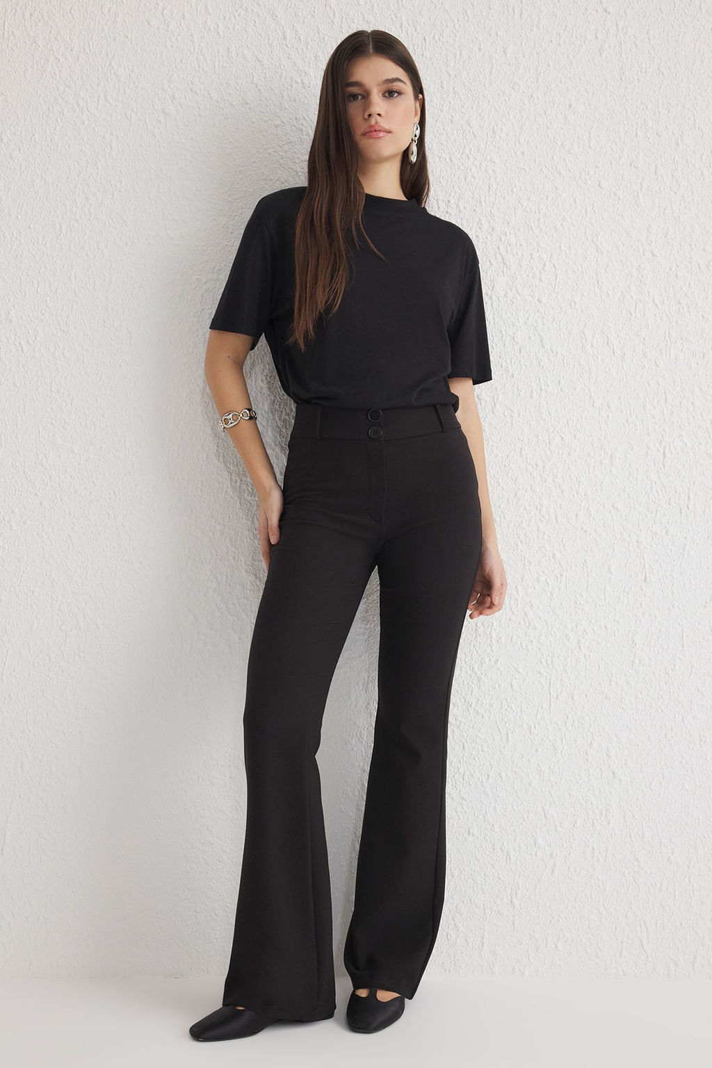 Siyah Ispanyol Paca Normal Bel Dokuma Pantolon TWOSS25PL00065
