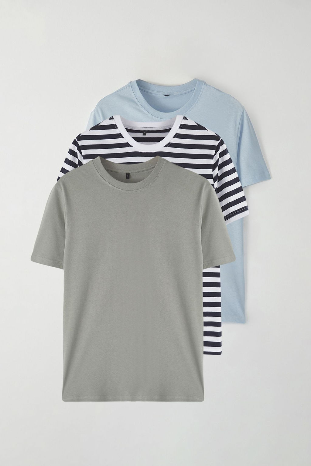 Gri-Mavi-Lacivert Cizgili 3lu Paket Siyah Slim/Dar Kesim Basic %100 Pamuk T-Shirt TMNSS19BO0007