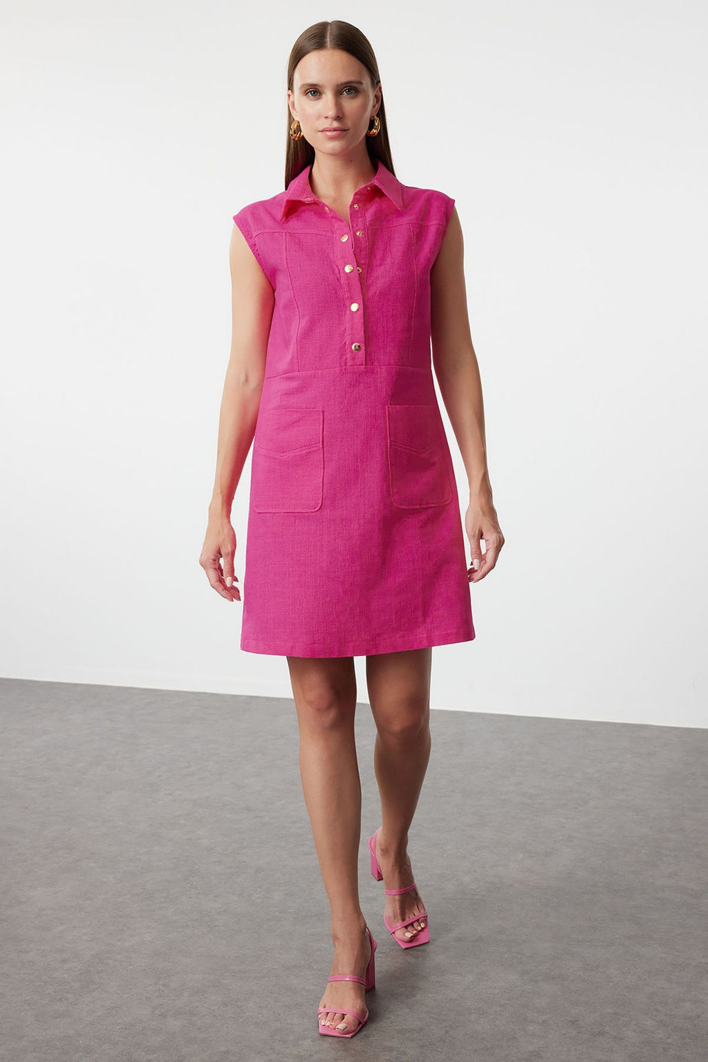 TRENDYOLMILLA Lacivert Duz Kesim Cepli Gomlek Yaka Keten Gorunumlu Mini Dokuma Elbise TWOSS22EL1068 фото 11